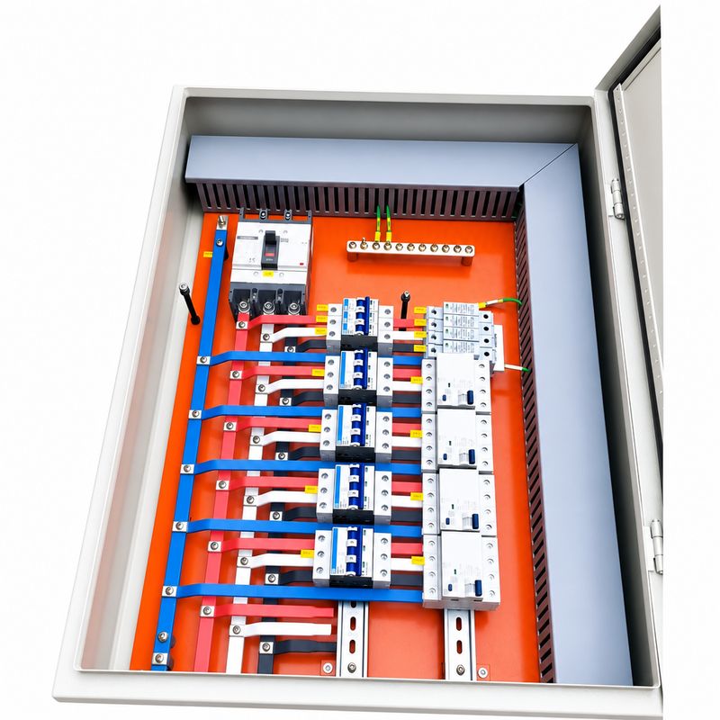 Painel elétrico D2P — vista interna com barramentos e disjuntores