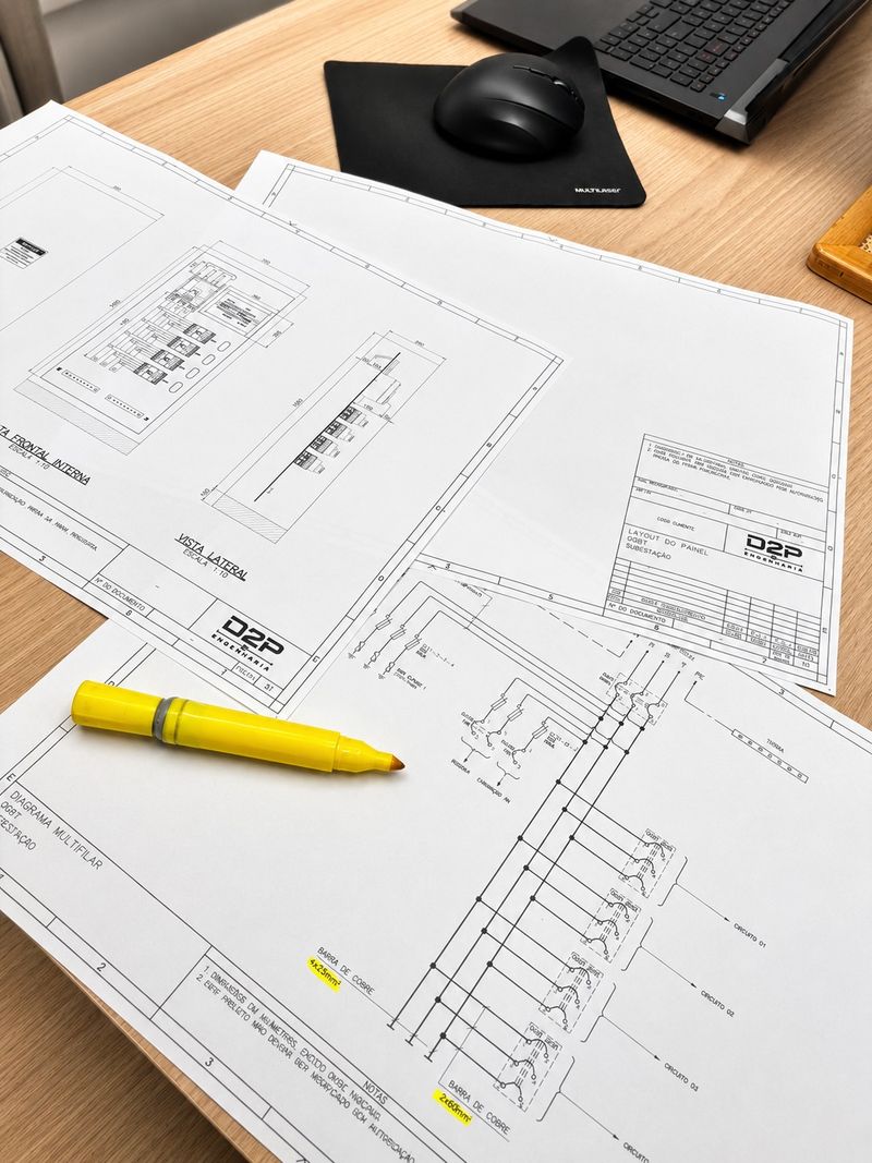 Projetos elétricos D2P — diagramas técnicos na mesa